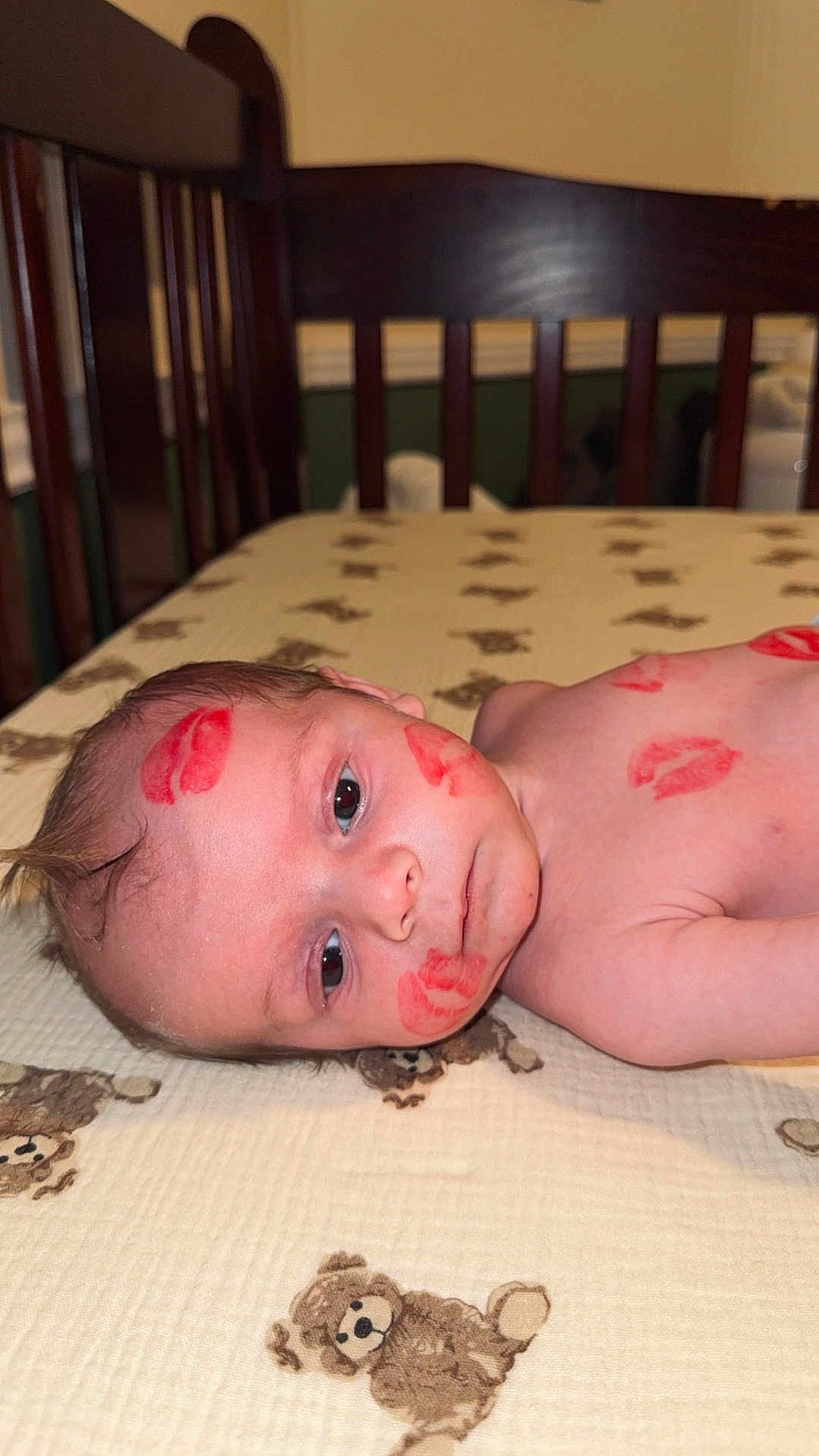 Karter is registered to the contest to win money with this photo: baby, infant, kiss_marks, face, skin, blanket, teddy_bear_pattern, crib, wooden_crib, bedroom, child, lying_down, closeup, skin_markings, cute, expression, indoors, soft_lighting, portrait, young_child
