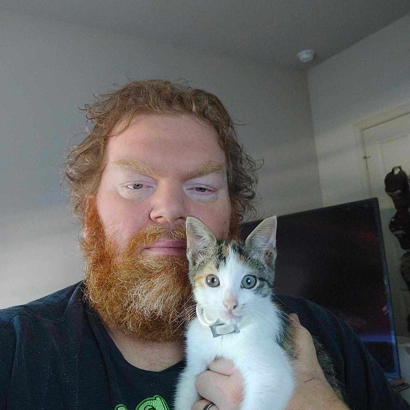 Miss Thang joined the competition — help win amazing prizes! accessories, adult, animal, beard, cat, clothing, face, glasses, hair, head, indoors, kitten, male, man, person, pet, photography, portrait, selfie, t_shirt