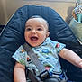 Cole joined the competition — help win amazing prizes! baby, child, smile, happy, infant, sitting, seat, straps, clothing, indoors, window, toy, face, person, blue, black, shirt, happy_face, cute, home