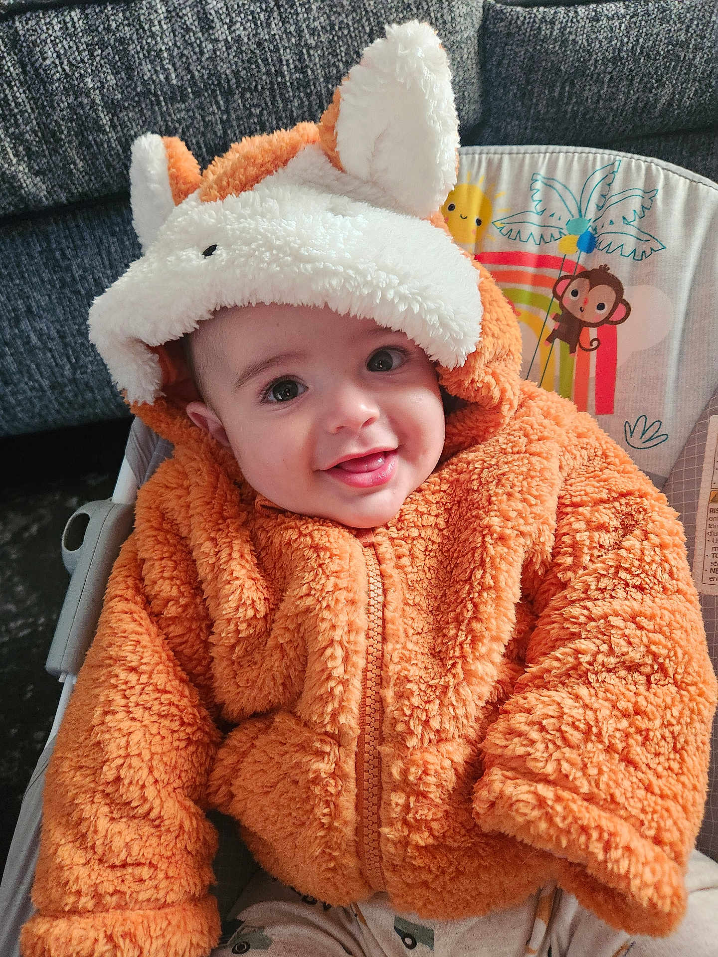 Cole is registered to the contest to win money with this photo: baby, child, orange_jacket, hood, ears, smile, happy, infant, cute, plush, seated, baby_seat, illustration, monkey, sun, clothing, portrait, face, warm, cozy
