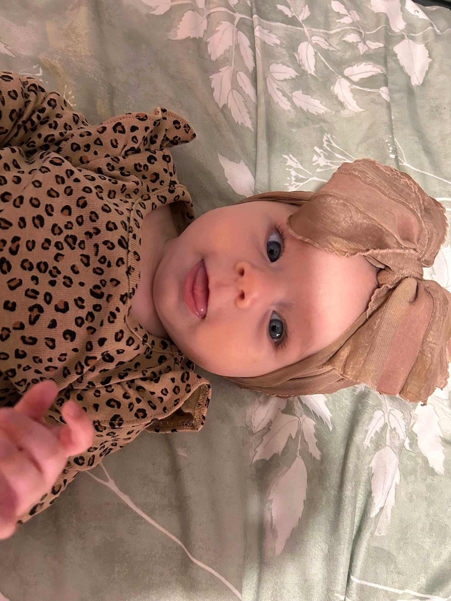 Emereigh joined the competition — help win amazing prizes! baby, child, infant, face, blue_eyes, tongue, headband, bow, leopard_print, clothing, cute, lying_down, blanket, soft_texture, pattern, smile, person, portrait, indoor, playful