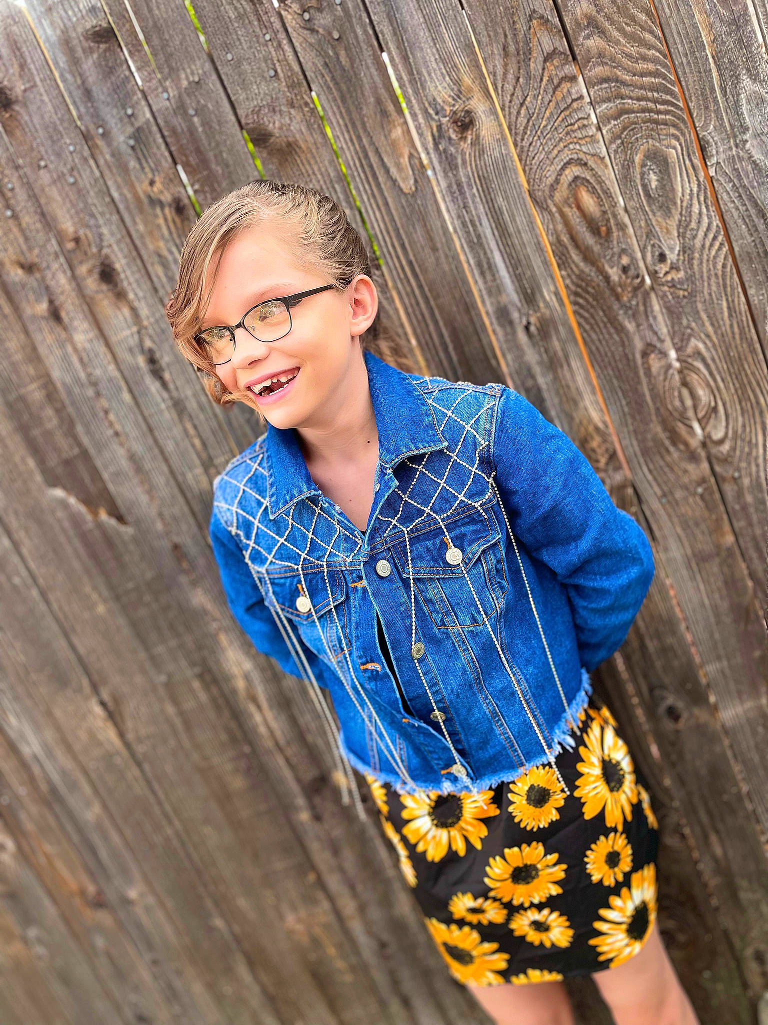 Bella N Abby is registered to the contest to win money with this photo: collar, denim, dress_shirt, electric_blue, eyewear, fashion_design, flash_photography, happy, joy, long_hair, neck, outerwear, person, plaid, shoulder, sleeve, smile, street_fashion, tartan, vision_care