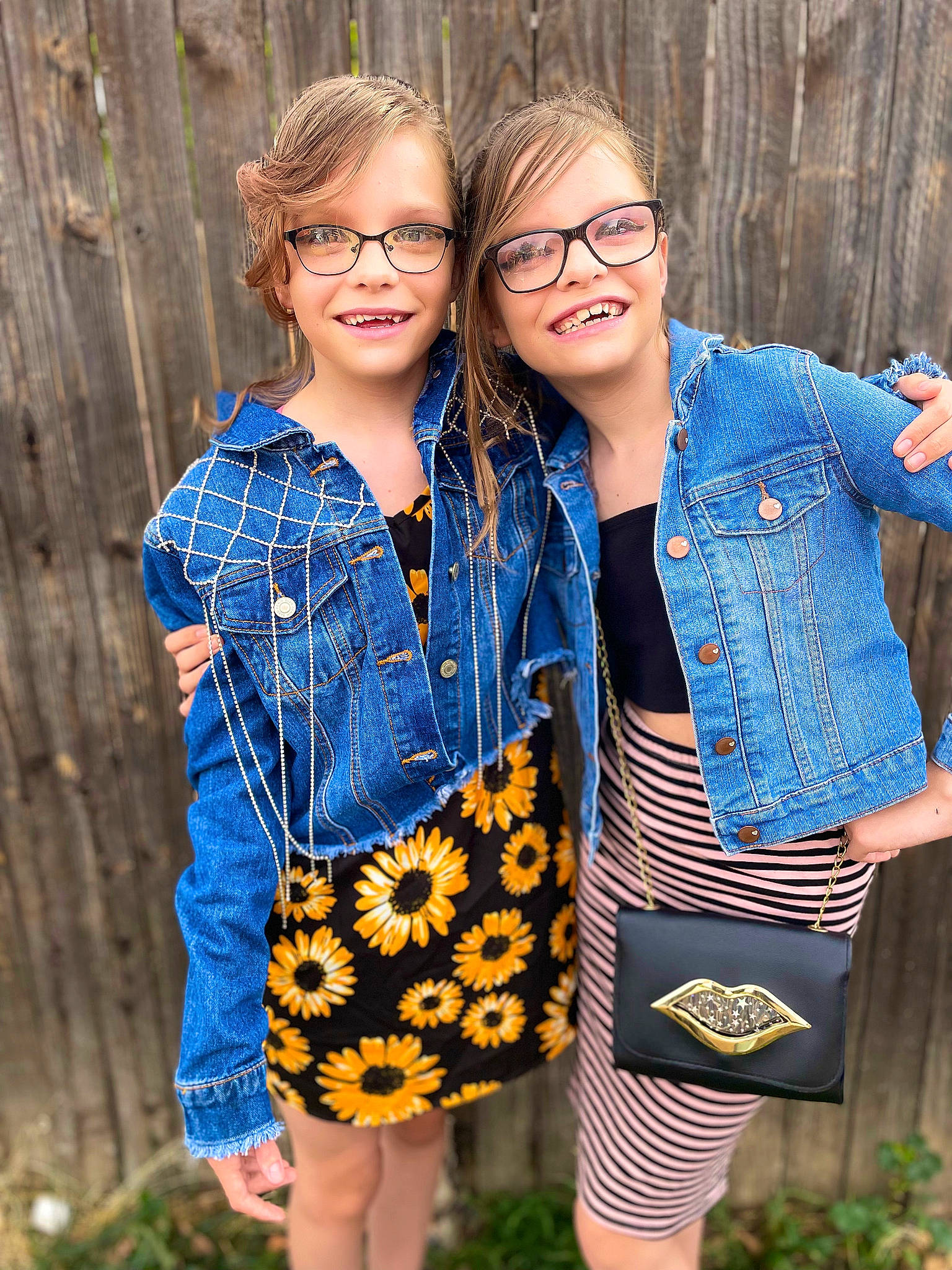 Bella N Abby joined the competition — help win amazing prizes! blue, denim, eyewear, face, fashion_design, glasses, happy, joy, neck, outerwear, people_in_nature, person, plaid, shoulder, sleeve, smile, street_fashion, tartan, textile, vision_care