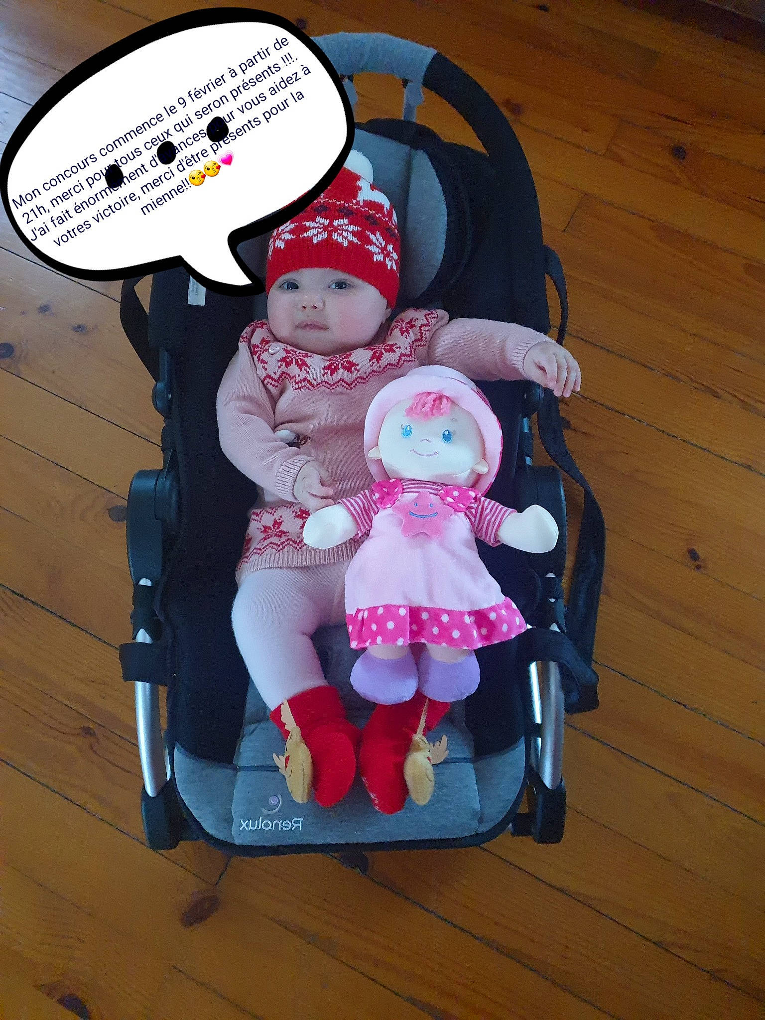 Syana a rejoint le concours — aidez-le/la à gagner de superbes lots ! baby, baby_carriage, baby_products, baby_sleeping, baby_toddler_clothing, baby_toys, bag, baggage, carmine, fashion_accessory, fictional_character, flooring, font, hardwood, headwear, luggage_and_bags, magenta, person, pink, stuffed_toy