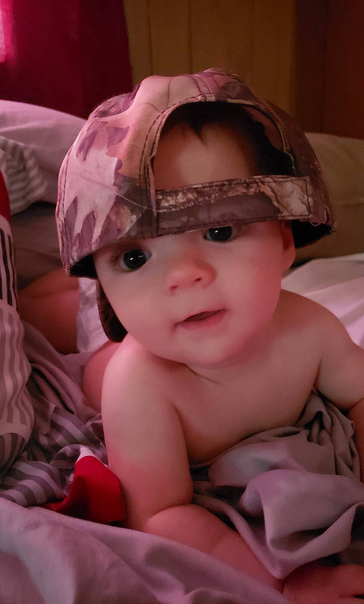 Shawn Jr joined the competition — help win amazing prizes! baby, cheek, child, eye, face, head, headgear, headwear, linens, lip, mouth, person, pink, skin, smile, toddler