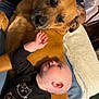 Avery is registered to the contest to win money with this photo: baby, dog, person, beard, black_clothing, cat_graphics, couch, blanket, indoor, relaxing, cute, pet, child, laying_down, human, comfort, casual, family, bond, gentle