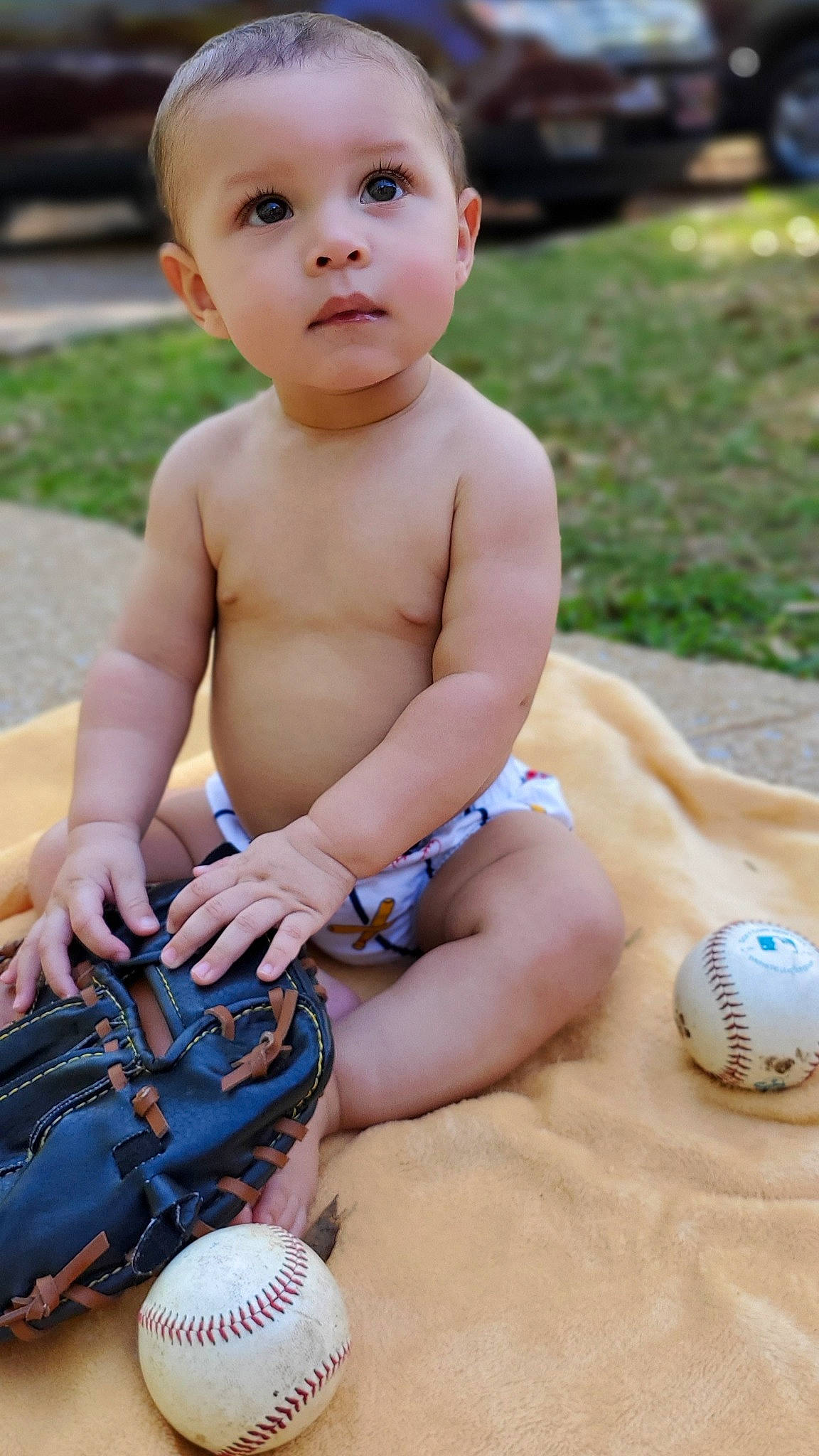 Rj joined the competition — help win amazing prizes! baby, ball, baseball_glove, child, person, personal_protective_equipment, play, toddler