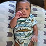 baby, infant, onesie, crocodile_pattern, pillow, geometric_pattern, hand, face, skin, clothing, cute, lying_down, indoors, child, newborn, person, resting, comfortable, expression, young