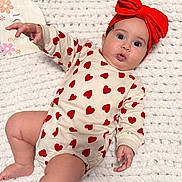 Alana is registered to the contest to win money with this photo: baby, infant, onesie, heart_pattern, red_headband, bow, knit_blanket, milestone_board, surprised_expression, chubby_cheeks, blue_eyes, lying_down, hand, foot, portrait, indoor, soft_lighting, cozy, skin_tone, newborn