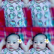 Aiyan Chianna is registered to the contest to win money with this photo: baby, child, hello_kitty, flower, cute, collage, four_panel, pink_clothing, smiling, portrait, infant, hands_up, indoors, patterned_clothing, face, head, person, young_child, soft_focus, colorful_background