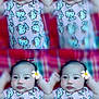 baby, child, hello_kitty, flower, cute, collage, four_panel, pink_clothing, smiling, portrait, infant, hands_up, indoors, patterned_clothing, face, head, person, young_child, soft_focus, colorful_background