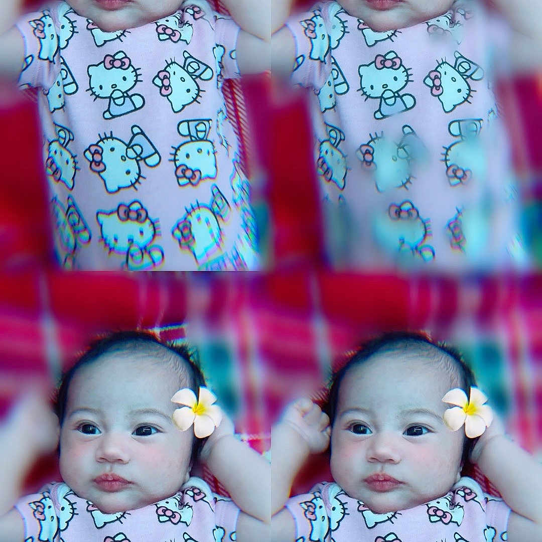 Aiyan Chianna is registered to the contest to win money with this photo: baby, child, collage, colorful_background, cute, face, flower, four_panel, hands_up, head, hello_kitty, indoors, infant, patterned_clothing, person, pink_clothing, portrait, smiling, soft_focus, young_child