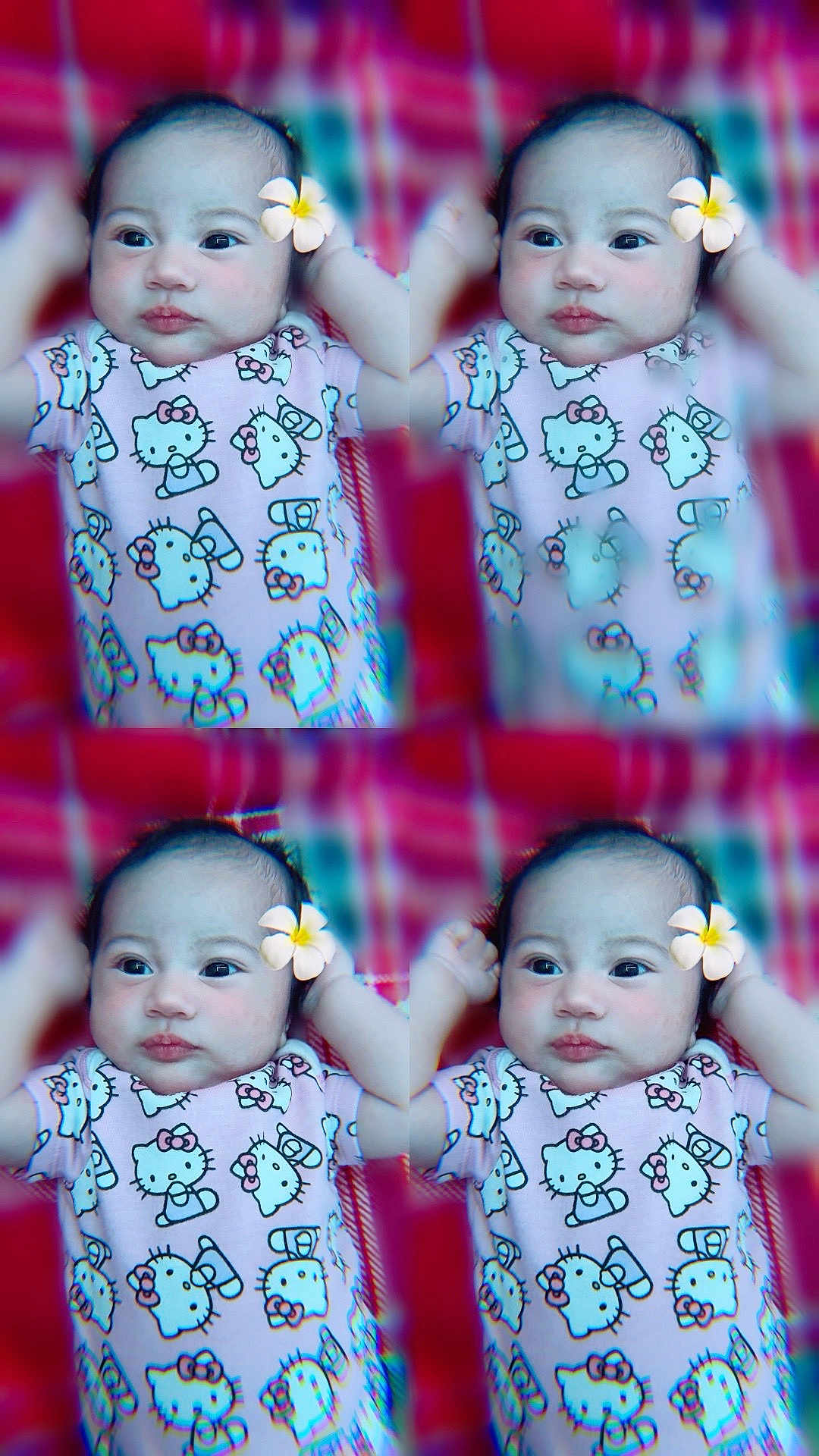 Aiyan Chianna is registered to the contest to win money with this photo: baby, child, hello_kitty, flower, cute, collage, four_panel, pink_clothing, smiling, portrait, infant, hands_up, indoors, patterned_clothing, face, head, person, young_child, soft_focus, colorful_background