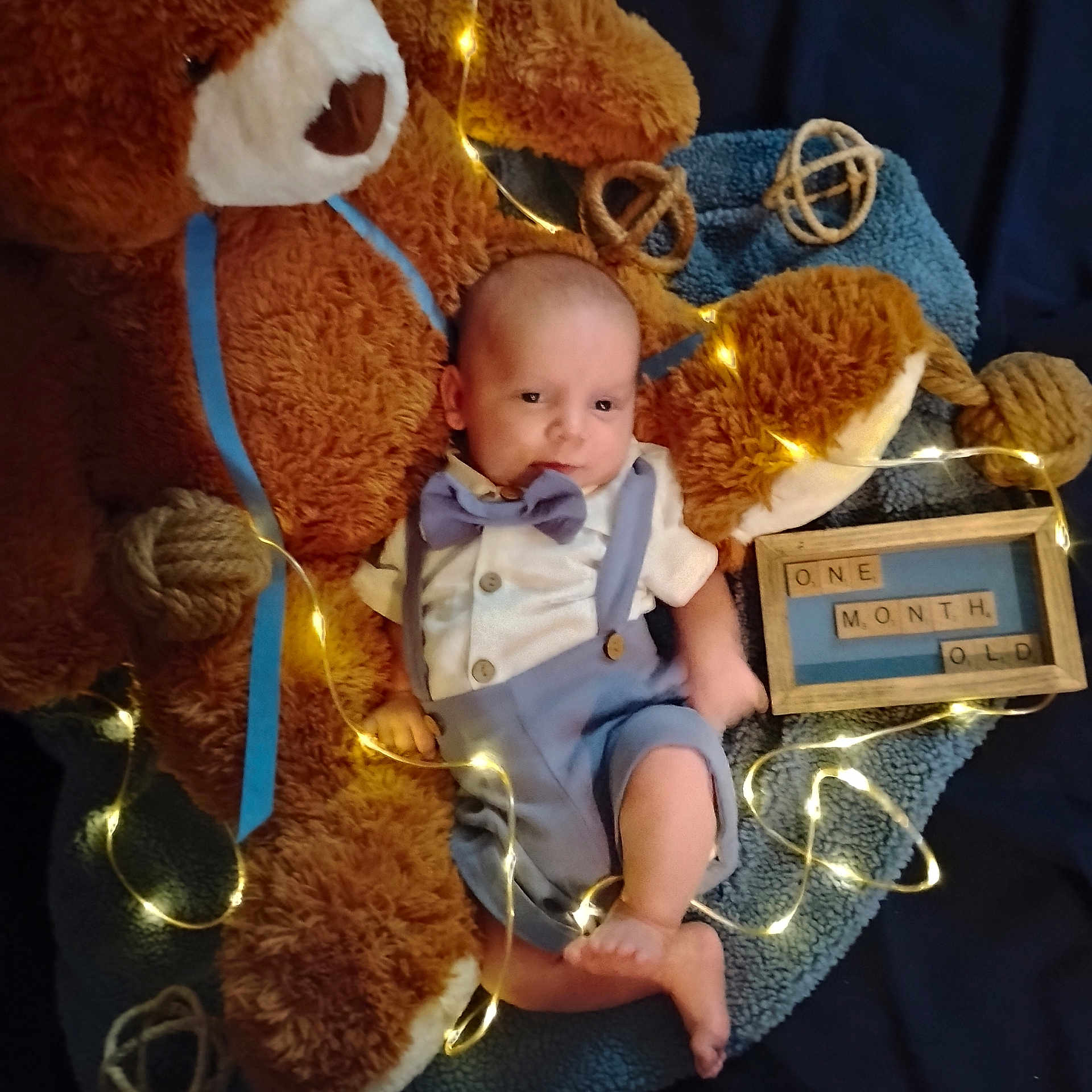 Rylan joined the competition — help win amazing prizes! baby, infant, teddy_bear, blanket, fairy_lights, bow_tie, suspenders, sign, one_month_old, cute, cozy, soft_toys, newborn, portrait, lying_down, blue, brown, decor, celebration, child