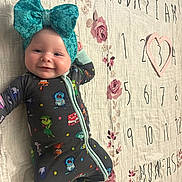 Azalea Charlotte joined the competition — help win amazing prizes! baby, smiling, headband, bow, onesie, floral_blanket, milestone_blanket, numbers, heart, lying_down, cute, child, infant, clothing, patterned_clothing, happy, face, portrait, indoors, soft_lighting
