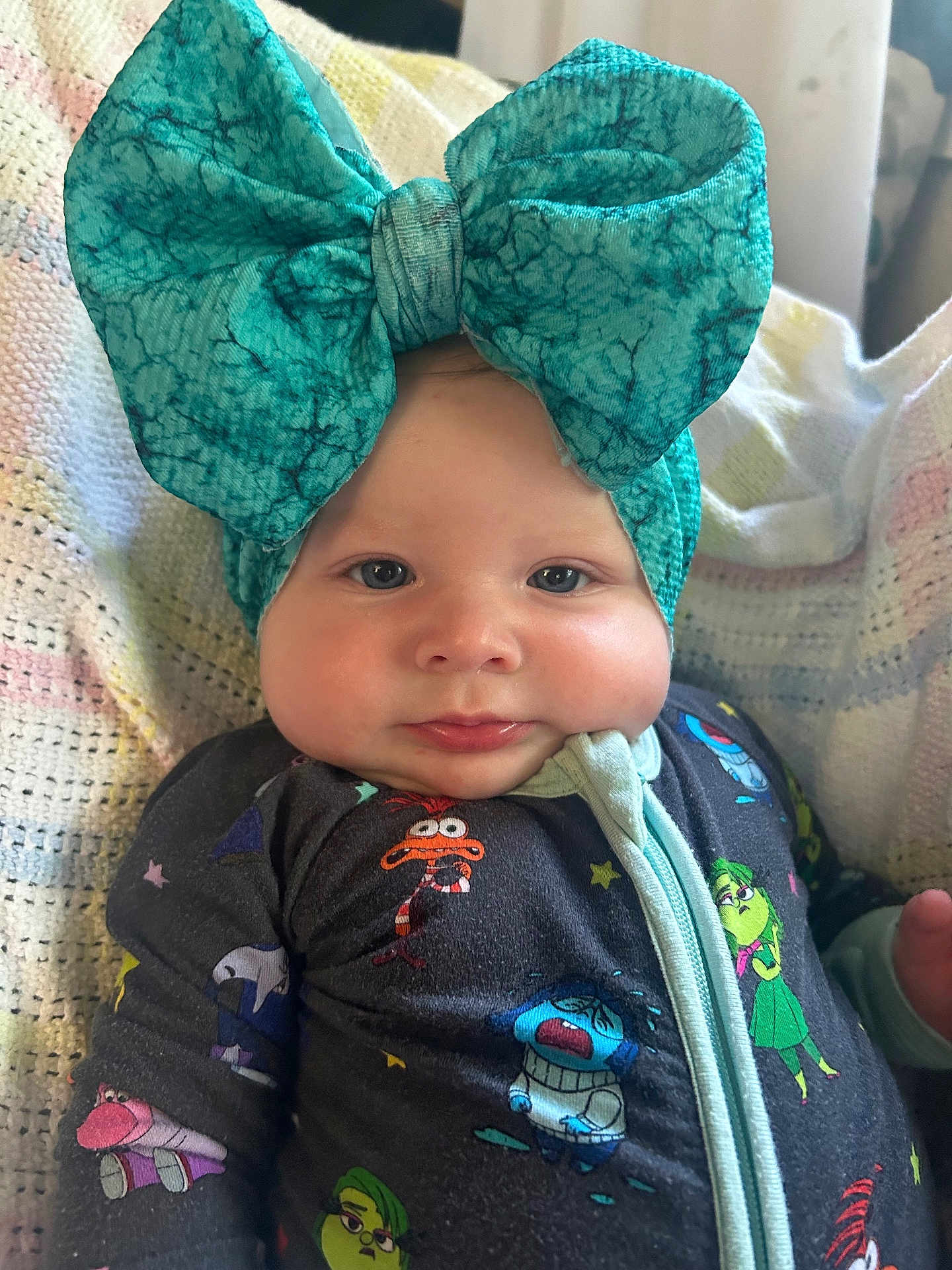 Azalea Charlotte joined the competition — help win amazing prizes! baby, child, headband, bow, blue, onesie, cartoon, face, cheeks, blanket, sleepwear, infant, cute, portrait, clothing, indoors, person, closeup, smile, soft
