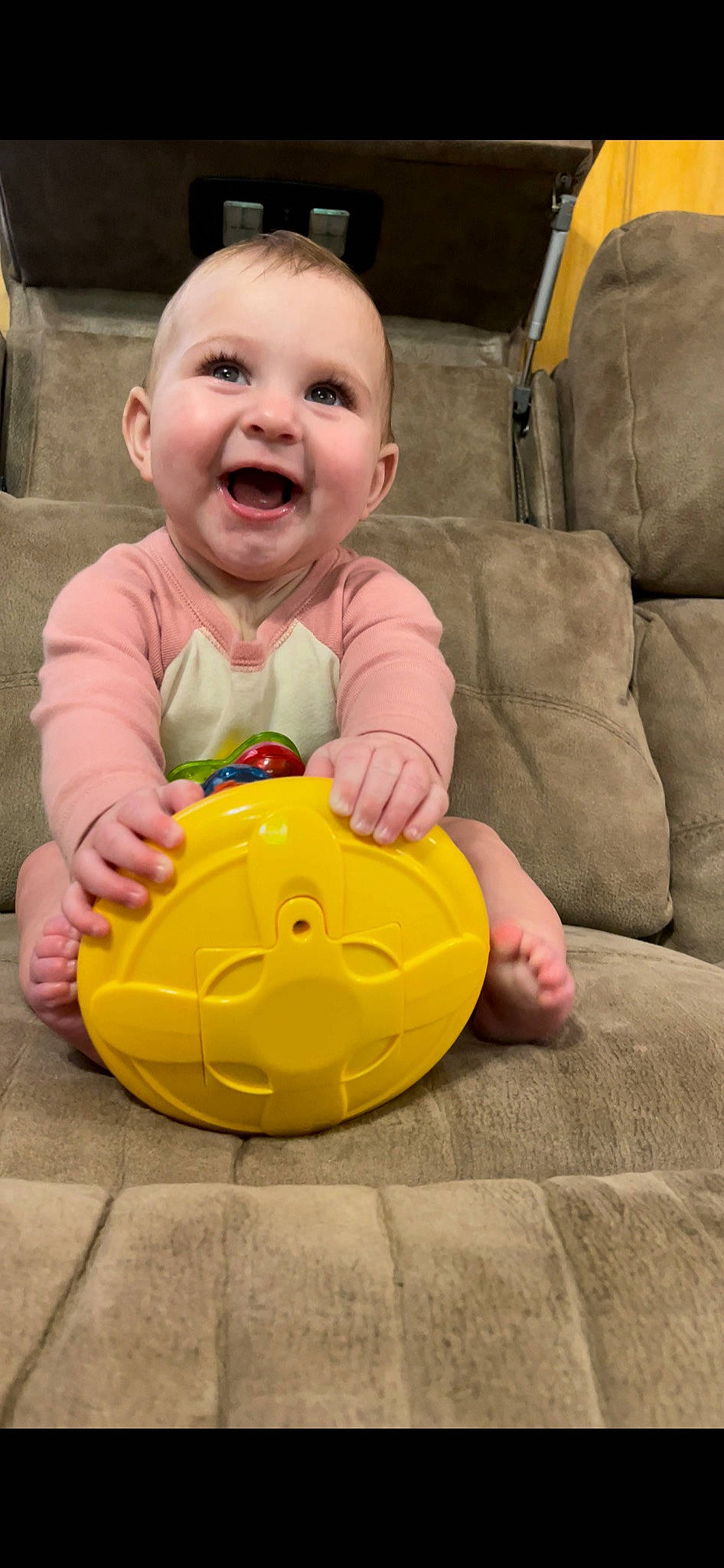 Cambrie is registered to the contest to win money with this photo: baby, baby_laughing, baby_playing_with_toys, baby_toddler_clothing, cheek, comfort, crawling, eye, face, facial_expression, flooring, fun, happy, head, leisure, nose, person, product, skin, smile