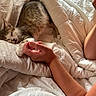 Coquillage a rejoint le concours — aidez-le/la à gagner de superbes lots ! kitten, sleeping, bed, blanket, human_hand, cozy, indoor, resting, white_bedding, pet, animal, fur, cute, nap, comfort, domestic, relaxation, soft_light, warm, togetherness