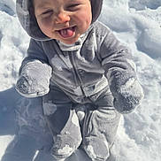 Christopher is registered to the contest to win money with this photo: baby, child, cozy, cute, hood, infant, mittens, onesie, outdoor, playful, plush, portrait, rosy_cheeks, sitting, smile, snow, snowy_background, sunlight, tongue_out, winter