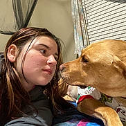 Natalie is registered to the contest to win money with this photo: woman, dog, indoor, bed, blanket, curtains, window_blinds, face, pet, close_up, casual_clothing, brown_hair, golden_dog, interaction, looking_at_each_other, resting, home, cozy, portrait, animal