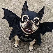 Snowy a rejoint le concours — aidez-le/la à gagner de superbes lots ! animal, bat_ears, bat_wings, batman, black, cape, concrete, costume, cute, dog, french_bulldog, funny, happy, looking_up, mask, outdoor, pet, portrait, small_dog, smiling