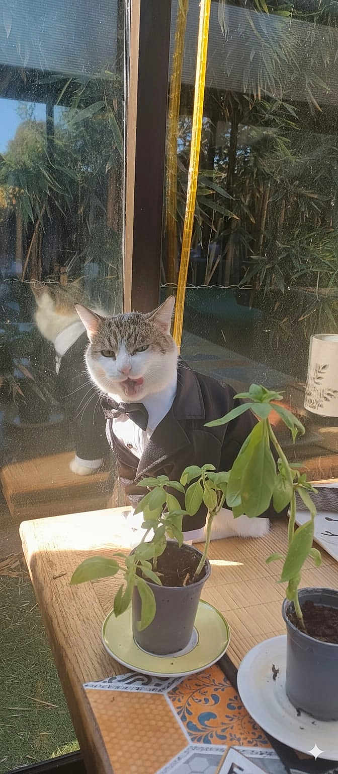 Minouche a rejoint le concours — aidez-le/la à gagner de superbes lots ! animal, cat, cozy, cute, domestic, feline, funny_face, greenery, houseplant, indoor, leaf, pet, plant, portrait, potted_plant, reflection, sunlight, table, tuxedo, window