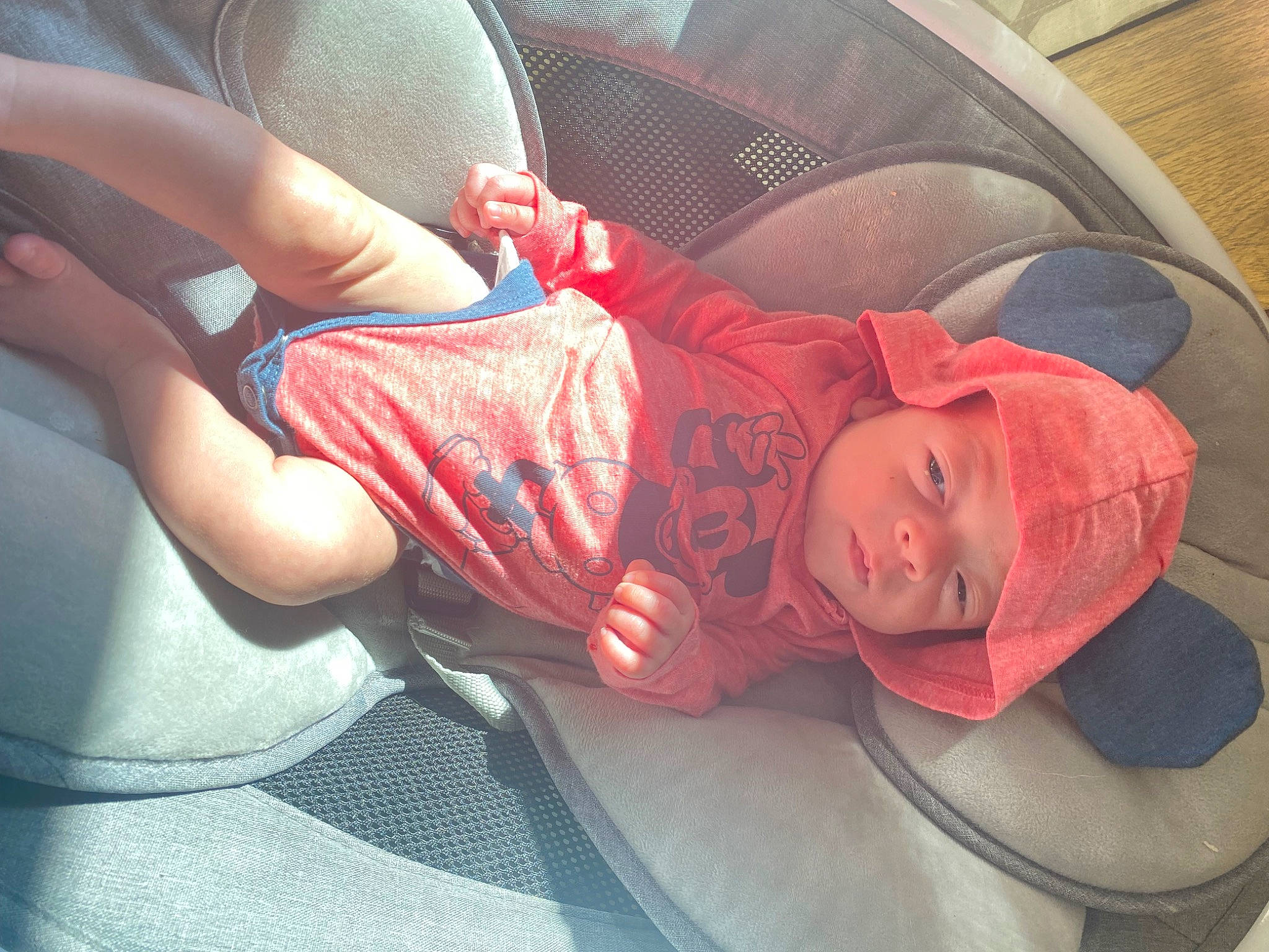 Ashtyn is registered to the contest to win money with this photo: auto_part, baby, baby_carriage, car_seat, chest, child, comfort, cool, elbow, fun, hat, headwear, human_leg, knee, leg, mouth, person, thigh, toddler, tree