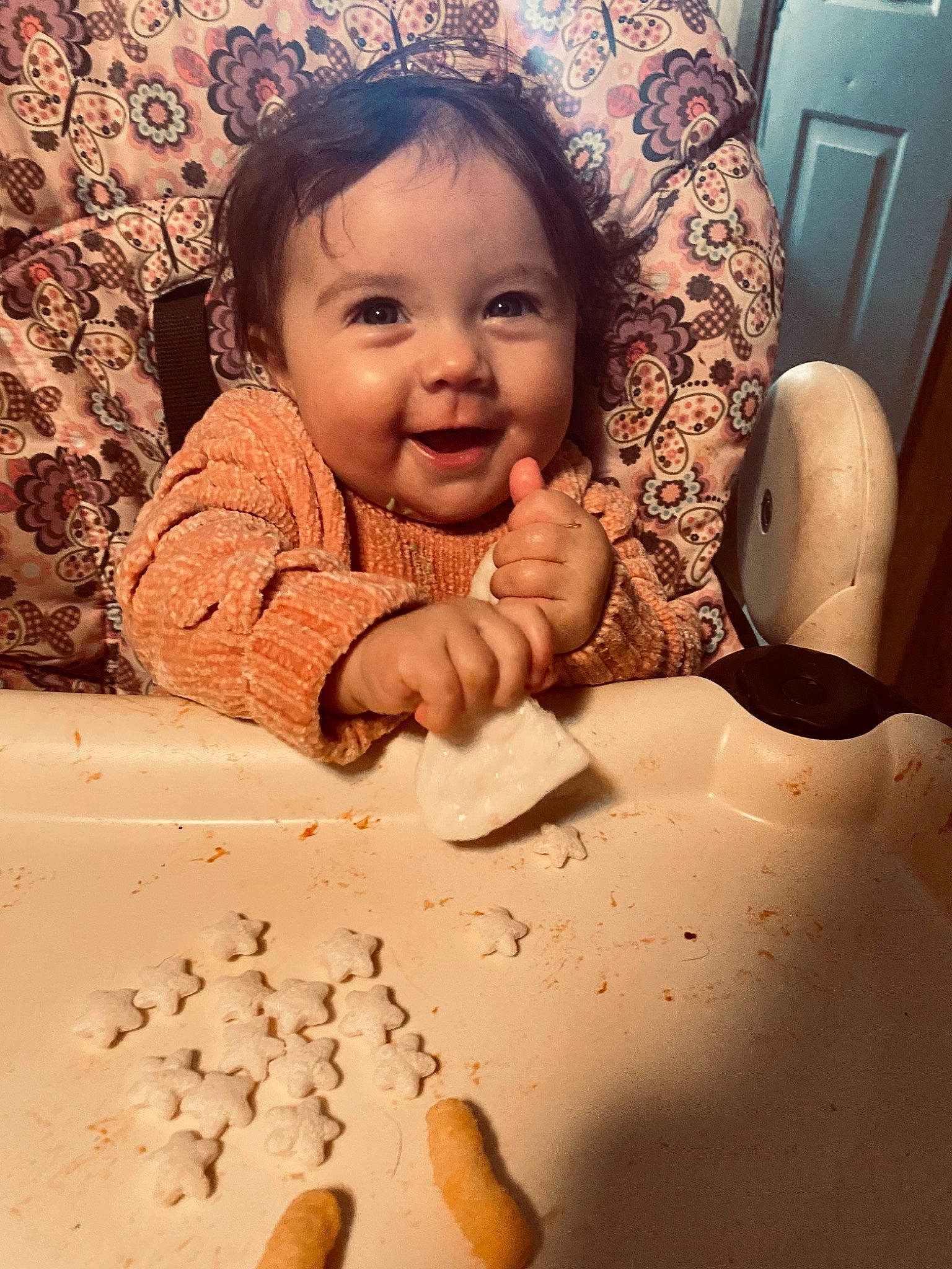 Adalynn is registered to the contest to win money with this photo: baby, baby_toddler_clothing, cheek, child, dress, eye, face, finger, gesture, happy, head, joy, lip, mouth, nail, nose, person, skin, smile, thumb