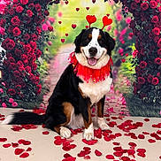 Jasper is registered to the contest to win money with this photo: dog, bernese_mountain_dog, rose_petals, flower_arch, heart_antennae, red_collar, smiling, sitting, indoor, decor, valentines_day, black_fur, white_fur, brown_fur, cute, festive, happy, portrait, animal, pet