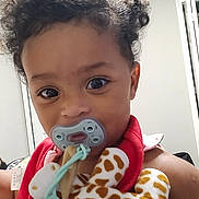 Phoebe joined the competition — help win amazing prizes! toddler, child, baby, pacifier, curly_hair, plush_toy, giraffe_toy, red_bib, indoor, close_up, face, cute, expression, person, young_child, soft_toy, infant, portrait, skin, eyes