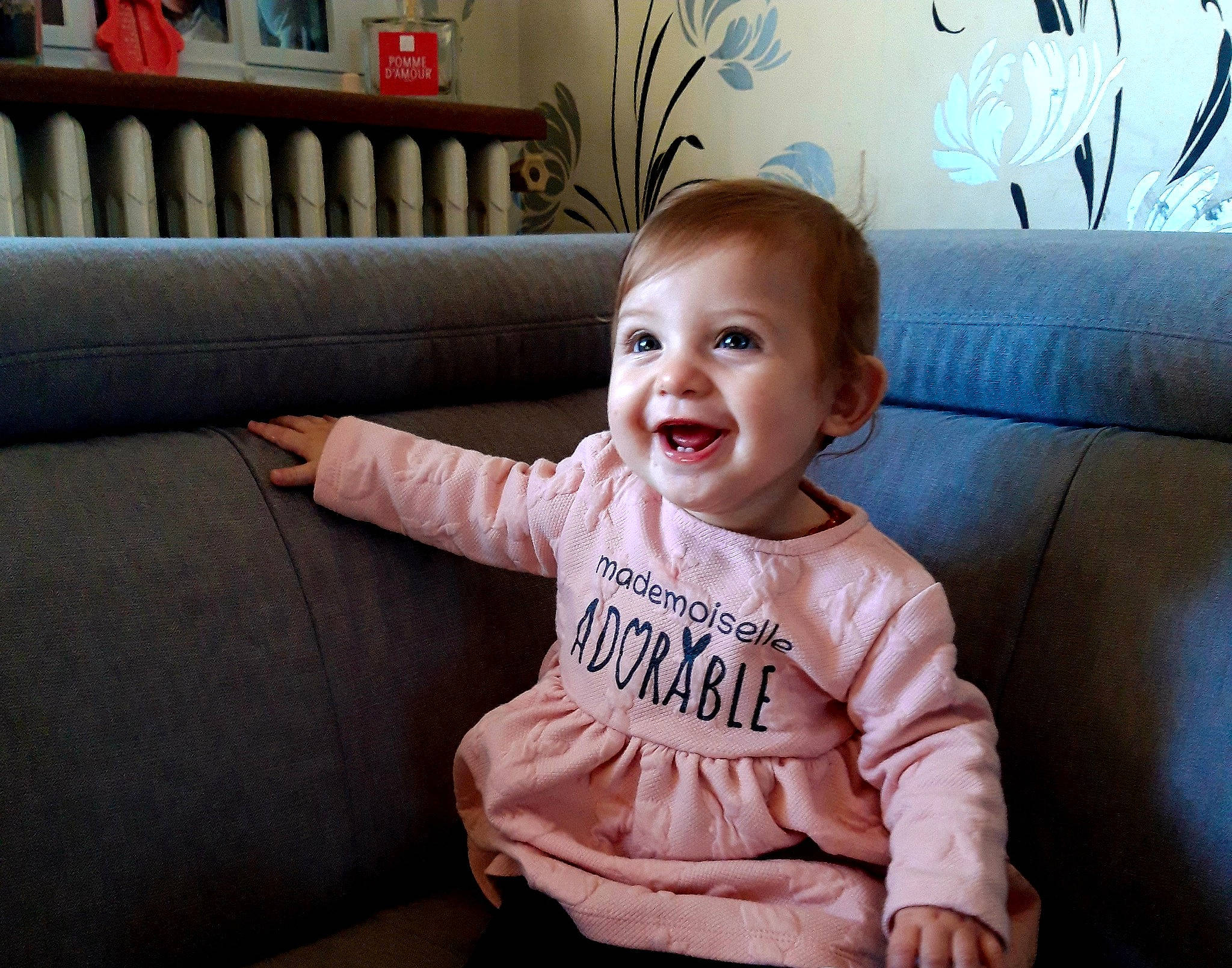 Victoria participe au concours pour gagner de l'argent avec cette photo : baby, baby_toddler_clothing, bookcase, cheek, child, comfort, couch, eye, flooring, fun, happy, head, joy, living_room, mouth, person, picture_frame, shelf, skin, sleeve