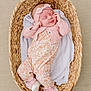 baby, sleeping, basket, blanket, pink, headband, onesie, cardigan, infant, cute, resting, soft, woven, newborn, peaceful, portrait, indoors, child, cozy, adorable