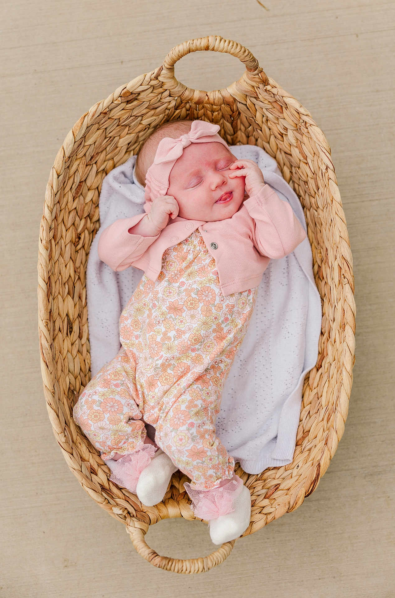 Ruby Mae joined the competition — help win amazing prizes! baby, sleeping, basket, blanket, pink, headband, onesie, cardigan, infant, cute, resting, soft, woven, newborn, peaceful, portrait, indoors, child, cozy, adorable
