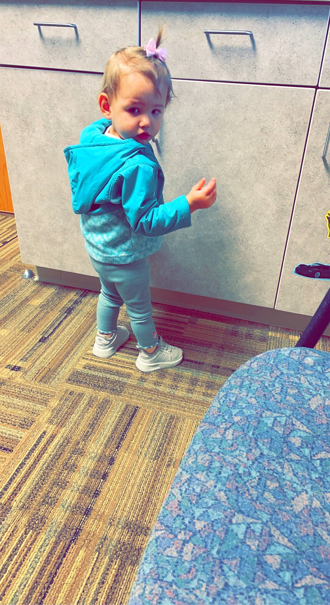 Enslee is registered to the contest to win money with this photo: azure, baby, baby_toddler_clothing, blue, child, electric_blue, floor, flooring, fun, happy, hardwood, human_leg, leisure, pattern, person, play, tints_and_shades, toddler, wood, wood_flooring