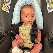 Kaiser joined the competition — help win amazing prizes! baby, infant, car_seat, onesie, socks, safety_harness, warning_labels, soft_pillow, cute, newborn, child, seat_belt, infant_clothing, indoors, person, baby_face, baby_hands, baby_legs, baby_feet, car_seat_pillow