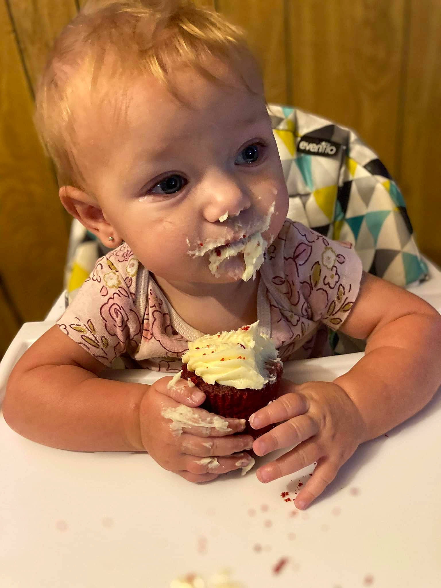 Alayna is registered to the contest to win money with this photo: baby, baby_toddler_clothing, cake, cheek, child, chin, comfort_food, cuisine, finger, food, food_craving, icing, ingredient, junk_food, lip, mouth, nose, person, skin, sweetness