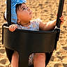 baby, child, swing, playground, sand, blue_bonnet, black_swing, outdoor, sunlight, grass, curious, infant, footwearless, summer, park, play, cute, toddler, person, daylight