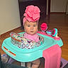 baby, child, headband, pink, bow, walker, toy, floor, television, indoor, furniture, colorful, person, cute, looking, sitting, curious, young, infant, home