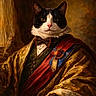cat, portrait, regal, bow_tie, robe, medal, vintage, classical_painting, aristocrat, texture, gold, red_sash, black_and_white_cat, formal, indoor, luxury, decorative, animal_portrait, costume, elegant