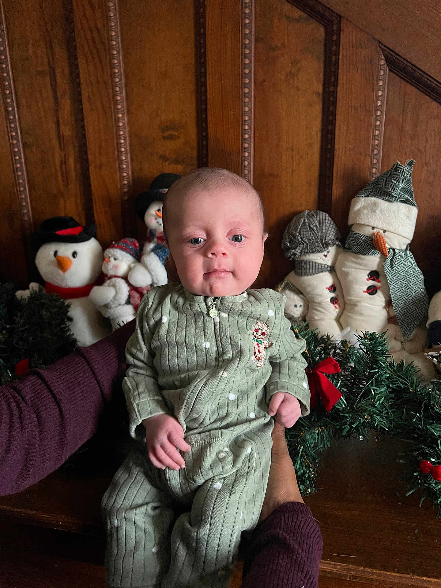 Lucas joined the competition — help win amazing prizes! baby, infant, child, green_onesie, gingerbread_patch, hands, snowman_dolls, holiday_decor, garland, wooden_background, festive, indoor, portrait, cute, calm, person, face, smile, christmas, seasonal