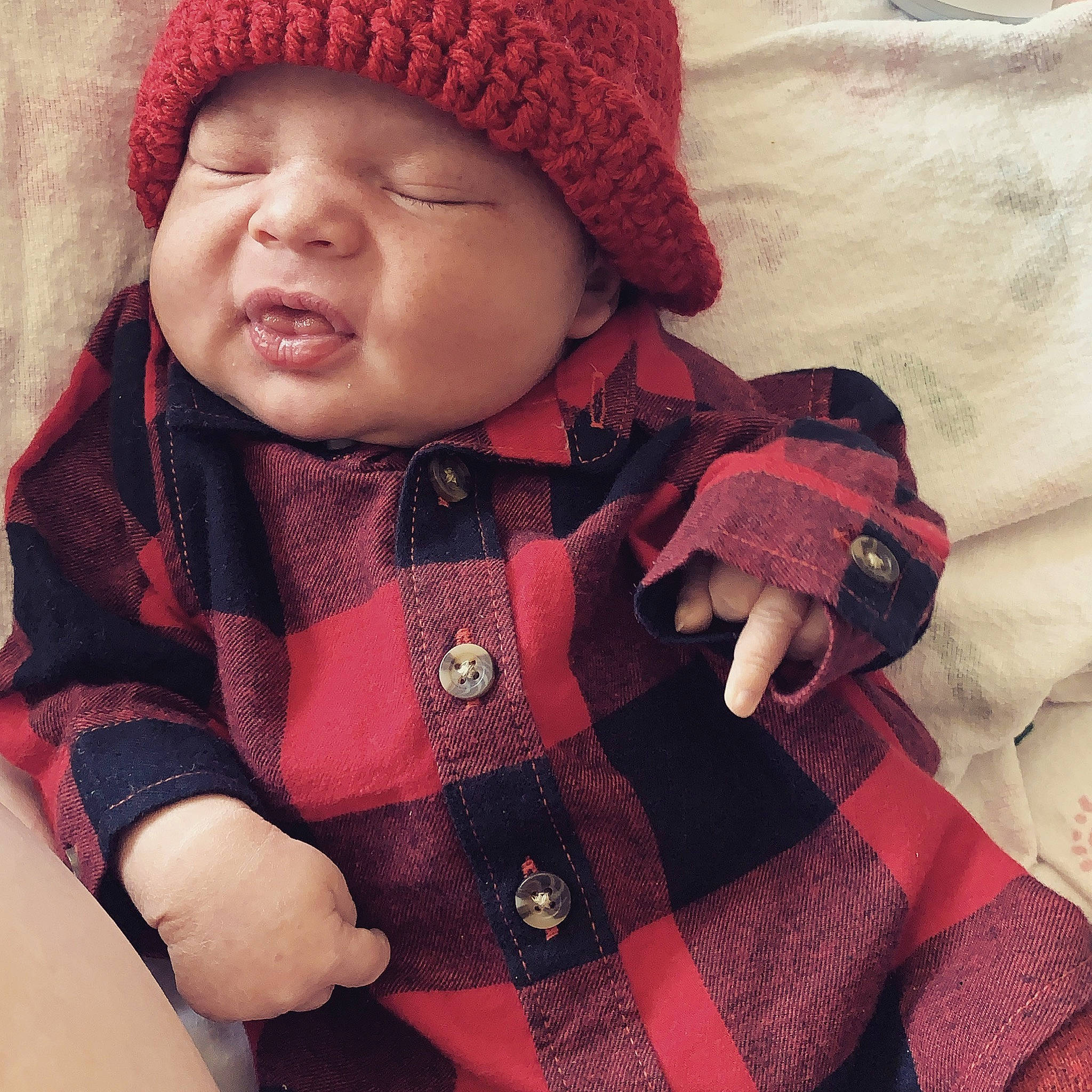 Dallas joined the competition — help win amazing prizes! arm, baby, baby_toddler_clothing, cap, comfort, cool, eye, finger, hand, headgear, headwear, knit_cap, lip, outerwear, person, pink, red, skin, sleeve, textile