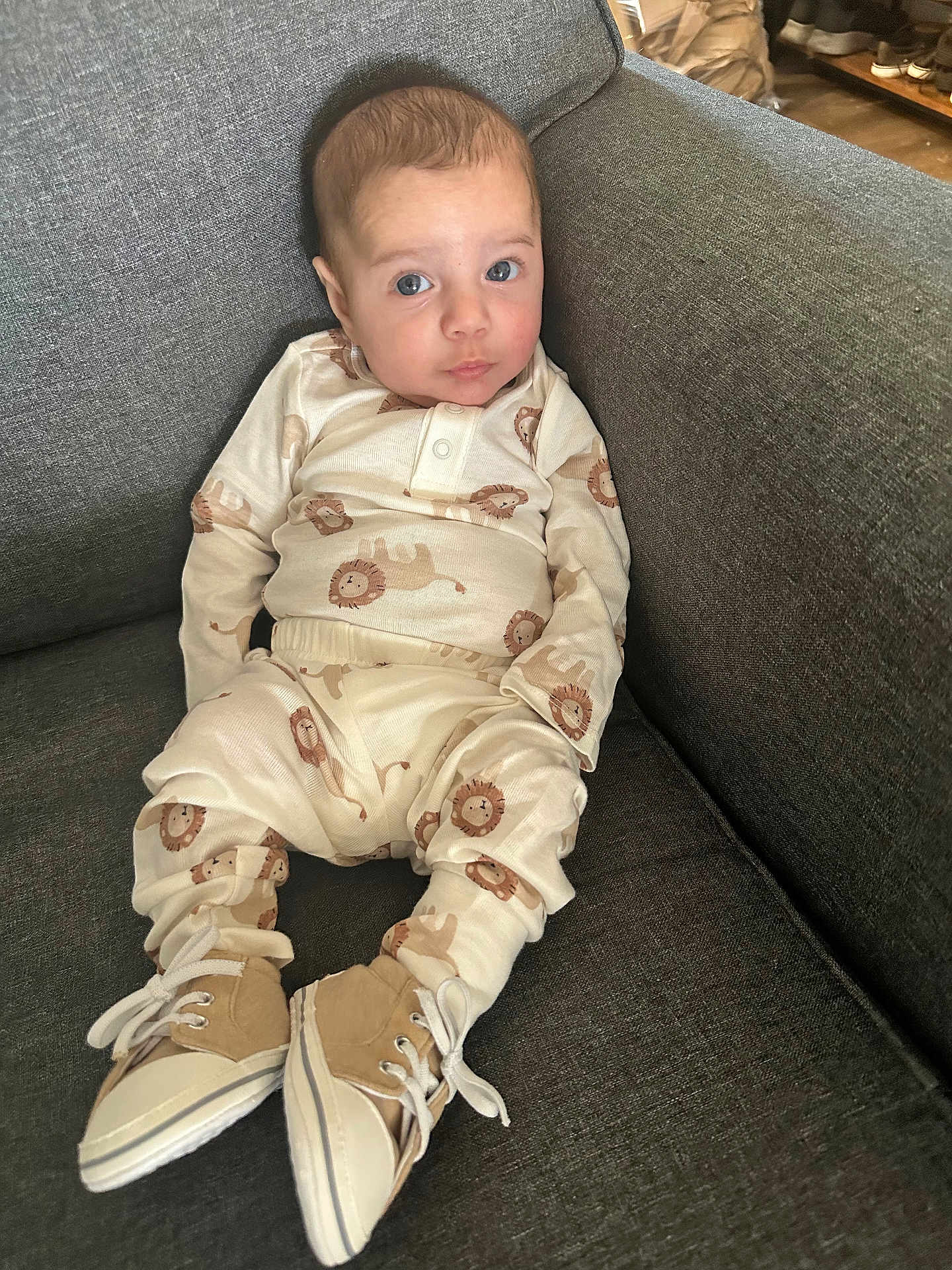 Gary joined the competition — help win amazing prizes! baby, child, pajamas, lion_print, shoes, couch, gray_couch, indoor, sitting, footwear, cute, infant, person, looking_at_camera, apparel, fabric, home, young_child, face, expression