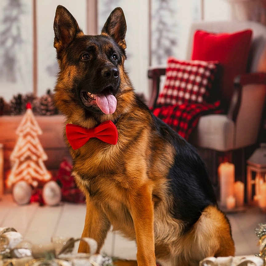 Valko participe au concours pour gagner de l'argent avec cette photo : german_shepherd, dog, red_bow_tie, holiday, christmas, decorations, candles, wrapped_presents, living_room, festive, cozy, tongue_out, pet, indoor, chair, blanket, pinecones, ornaments, window, smiling