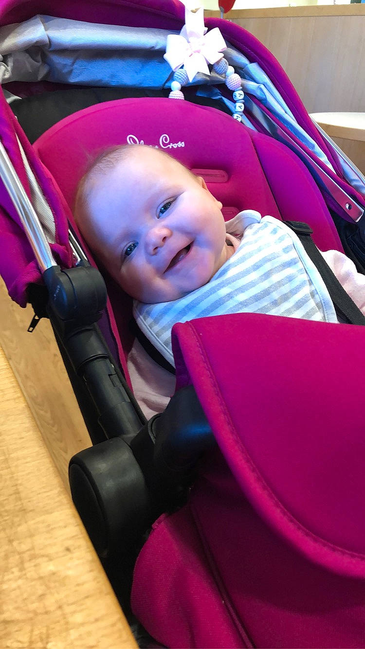 Gracie-may joined the competition — help win amazing prizes! baby, baby_carriage, baby_products, car_seat, cheek, child, comfort, magenta, person, pink, product, smile, toddler, violet