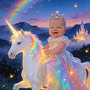 Amyra is registered to the contest to win money with this photo: baby, unicorn, princess, rainbow, castle, fantasy, glowing, night, stars, fireflies, dress, crown, magic, mountains, fairytale, sparkles, smile, child, mythical_creature, fantastical