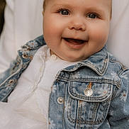Léandra participe au concours pour gagner de l'argent avec cette photo : baby, child, smile, denim_jacket, white_dress, face, portrait, happy, cute, infant, clothing, button, texture, person, closeup, skin, eyes, mouth, cheeks, fashion
