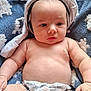 baby, infant, diaper, blanket, soft_texture, skin, headwear, chubby, laying_down, indoors, child, cute, expression, closeup, human, person, small_hands, baby_skin, white_cloth, napkin