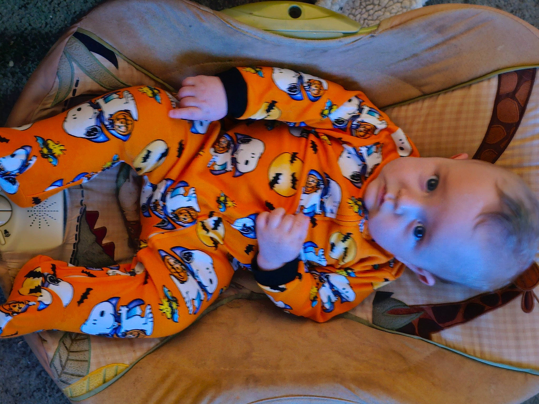 Gavin is registered to the contest to win money with this photo: baby, baby_products, baby_toddler_clothing, cheek, child, comfort, fun, grass, happy, mouth, orange, pattern, person, play, sitting, sleeve, t_shirt, toddler, vertebrate