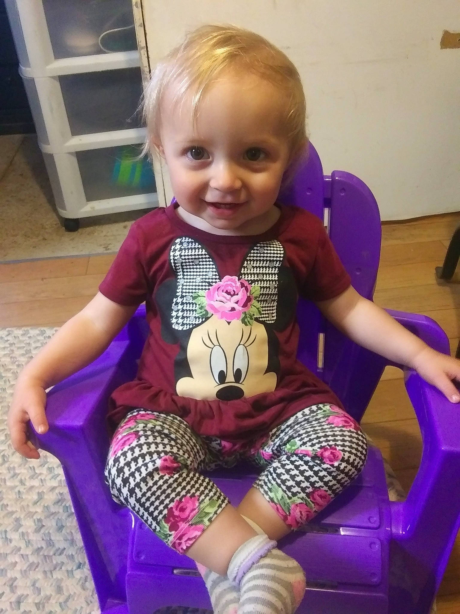 Nevaeh joined the competition — help win amazing prizes! baby, baby_toddler_clothing, chair, child, fun, happy, human_leg, iris, joy, knee, leg, magenta, pattern, person, pink, purple, skin, smile, sock, thigh