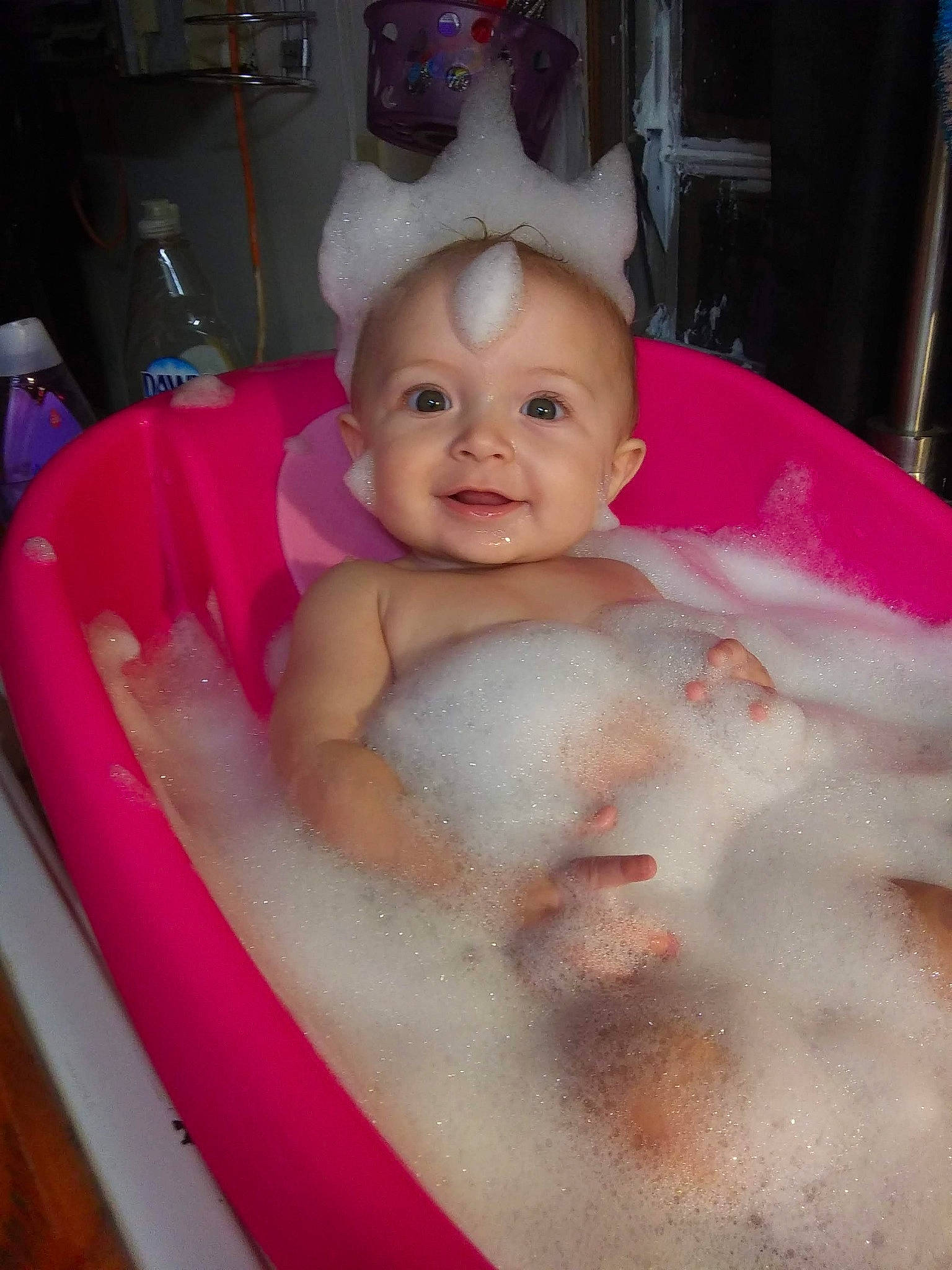 Nevaeh joined the competition — help win amazing prizes! baby, baby_products, barechested, bathing, cheek, chest, child, eye, fun, happy, leisure, magenta, party_hat, person, pink, room, skin, smile, thumb, toddler